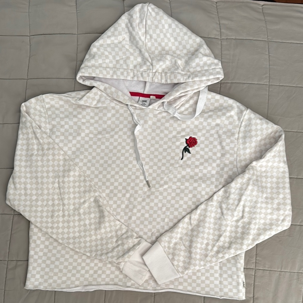 VANS Leila White Checkered Hoodie with Rose Embroidery